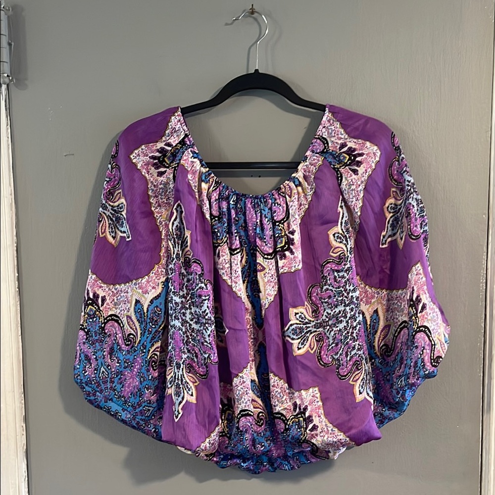 Cache Purple Ruffled 3/4 Sleeve Blouse Size Small